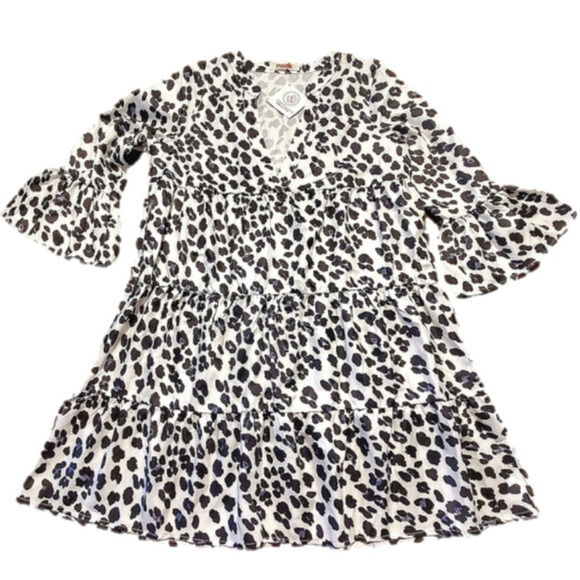 Snow Leopard Half Sleeve Tiered Mini Dress - Medium NEW - Picture 1 of 12